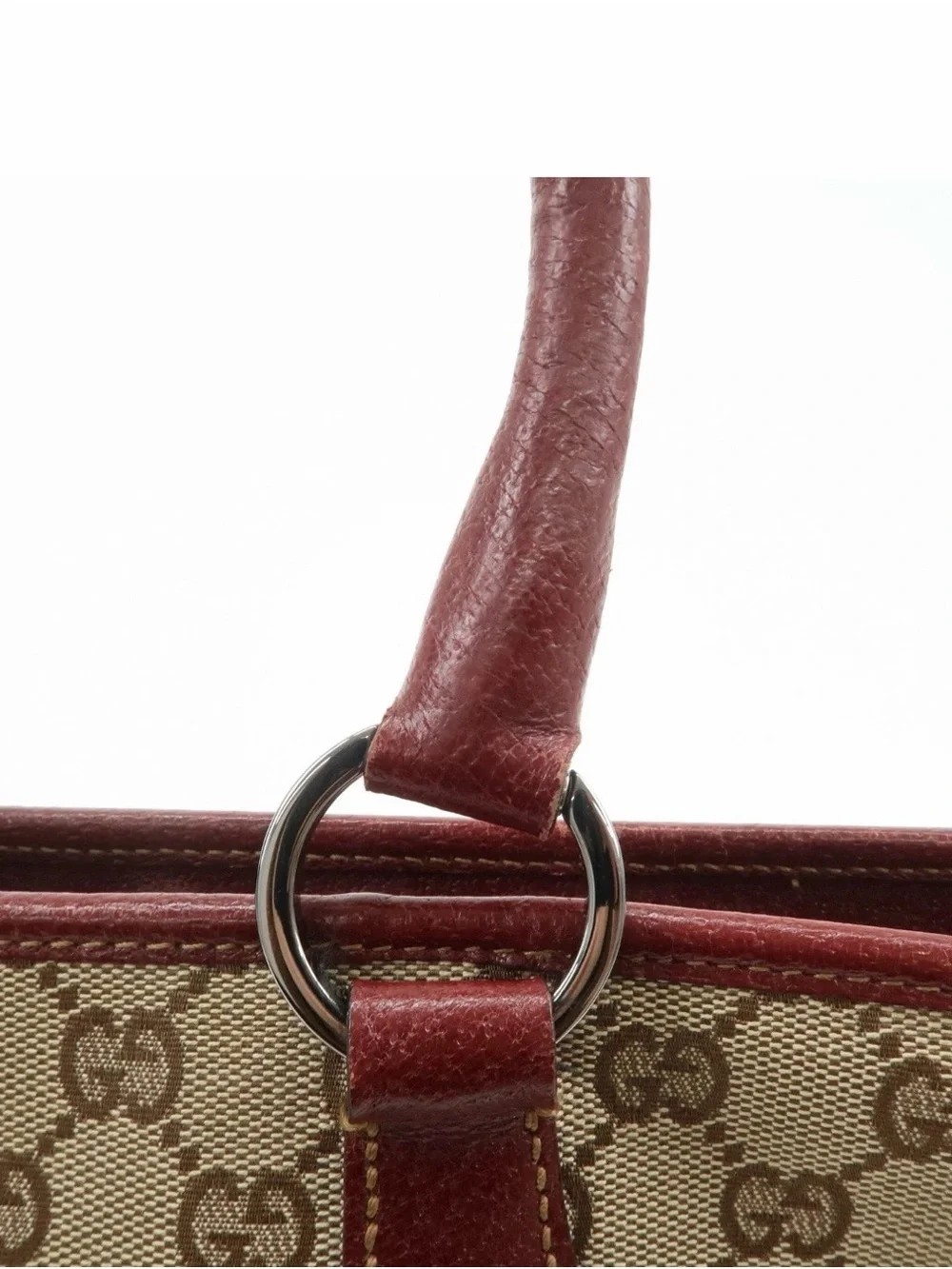 Gucci Beige GG Canvas Shoulder Bag with Burgundy Leather Trim Authentic